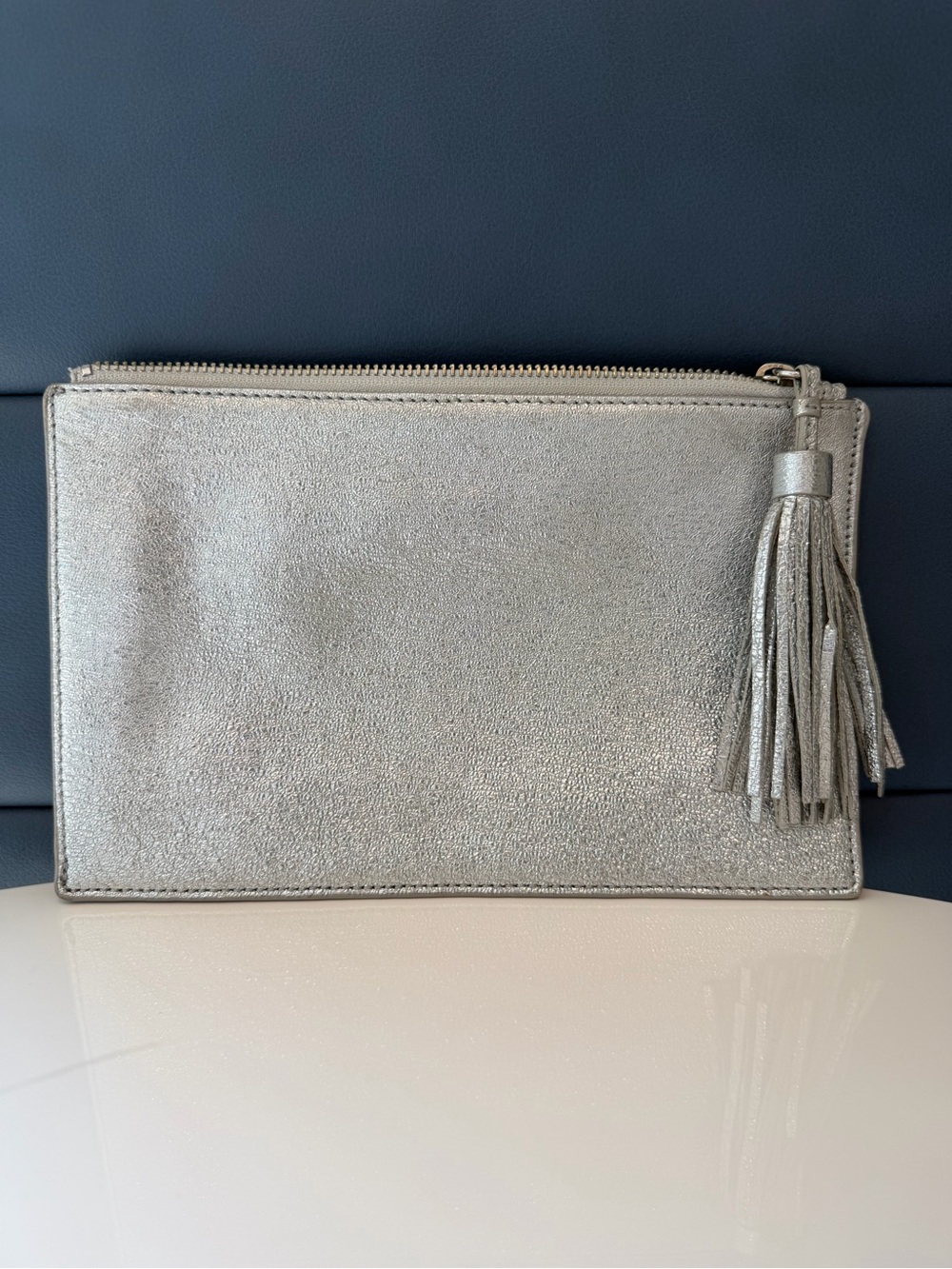Loeffler Randall Flat Metallic Silver Tassel Wristlet Clutch